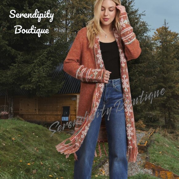 Tribal Print Jacquard Knit Fringe Comfy Long Sweater Duster Cardigan. - Picture 1 of 9